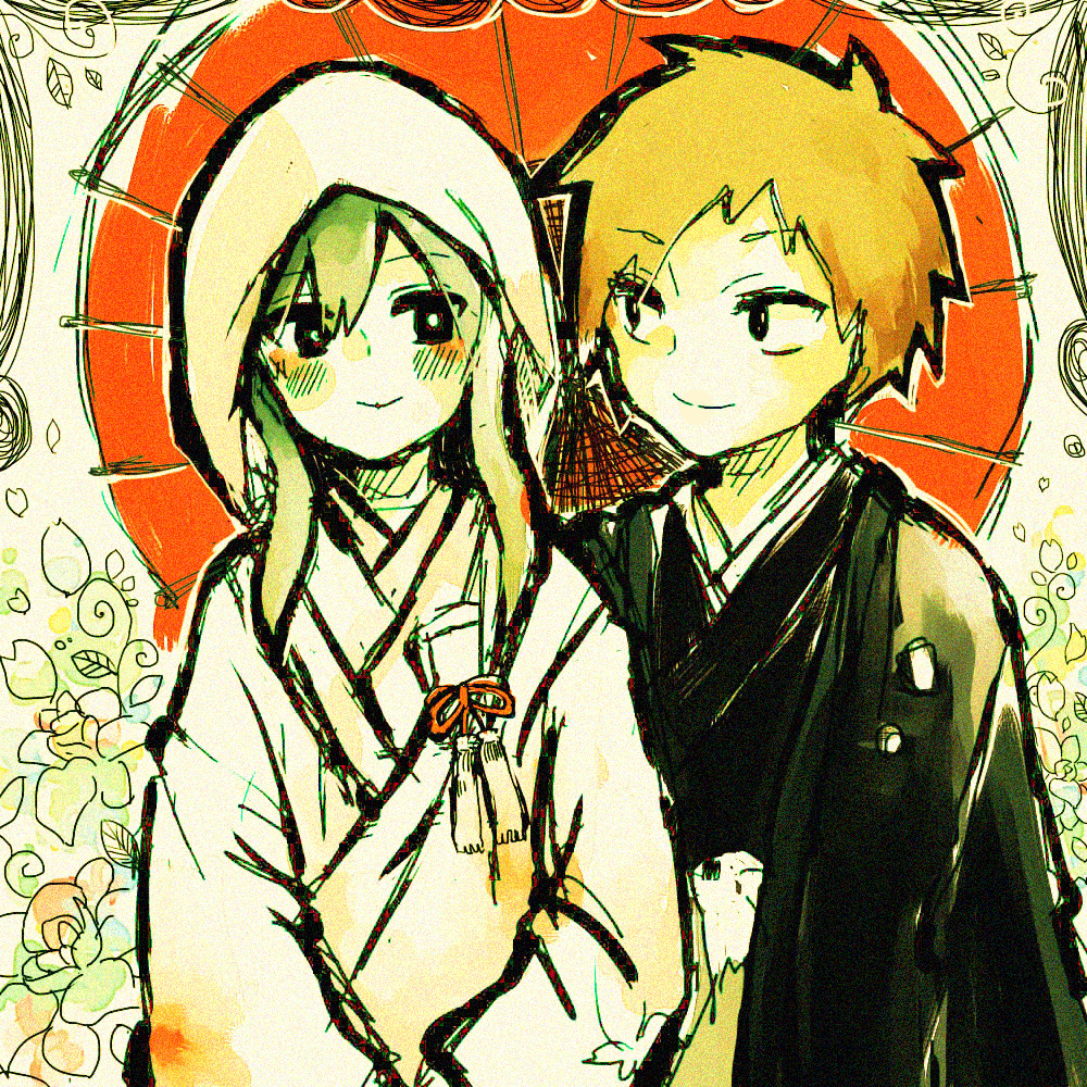 1boy, 1girl, bad_id, bad_pixiv_id, bride, brown_hair, couple, green_hair, hetero, hood, ichicchiko, japanese_clothes, kagerou_project, kano_shuuya, kido_tsubomi, kimono, long_hair, nyapui, oil-paper_umbrella, short_hair, smile, uchikake, umbrella, wedding, white_kimono