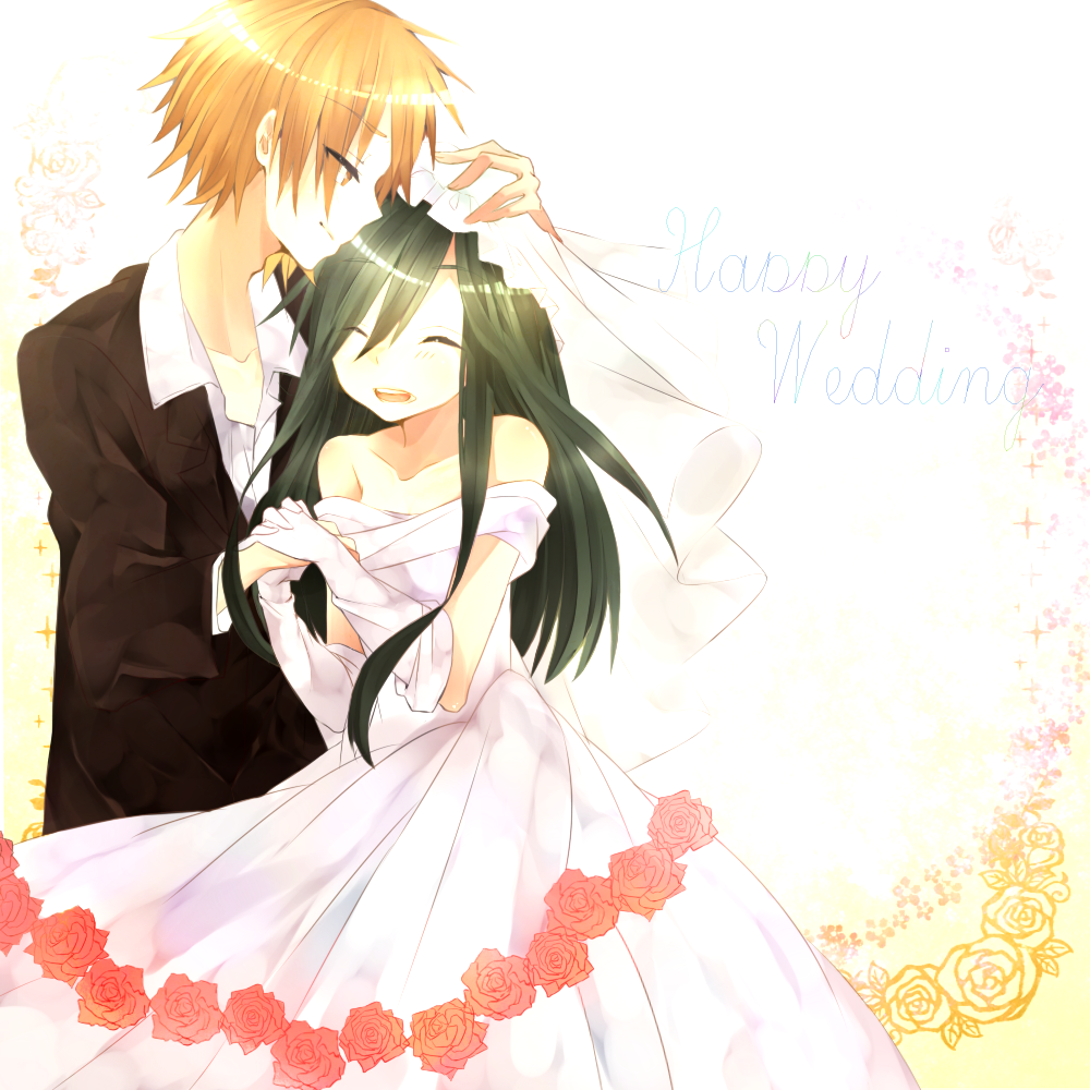 1boy, 1girl, bad_id, bad_pixiv_id, bare_shoulders, bridal_veil, bride, brown_hair