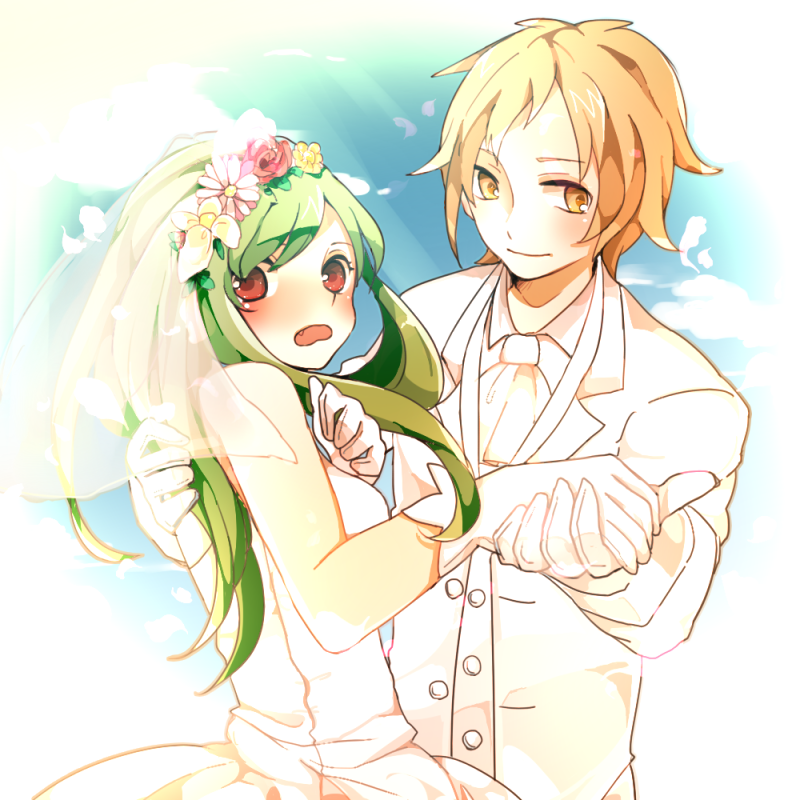 1boy, 1girl, bad_id, bad_pixiv_id, bare_shoulders, blonde_hair, bridal_veil, bride, couple, dress, flower, formal_clothes, gloves, gown, green_hair, hetero, himawari_(cocoa4321), kagerou_project, kano_shuuya, kido_tsubomi, long_hair, nyapui, short_hair, suit, veil, wedding_dress