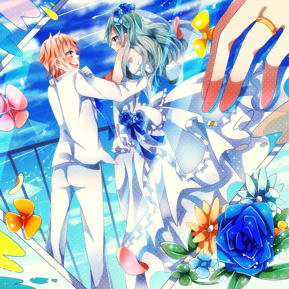 1boy, 1girl, bad_id, bad_pixiv_id, bare_shoulders, bridal_veil, bride, couple