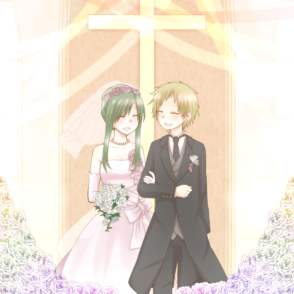 1boy, 1girl, bad_id, bad_pixiv_id, bare_shoulders, bouquet, bridal_veil, brown_hair, couple, dress, closed_eyes, flower, green_hair, hetero, kagerou_project, kano_shuuya, kido_tsubomi, long_hair, nyapui, short_hair, smile, veil, wedding, wedding_dress, zeroa