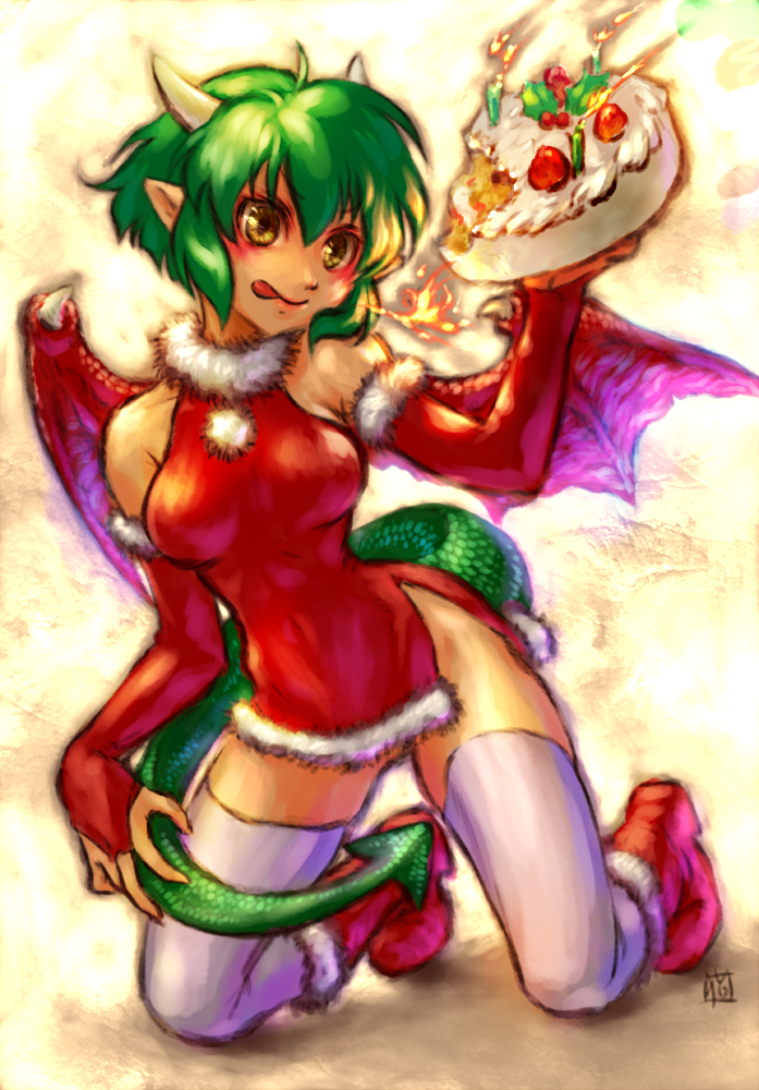 1girl, :q, boots, cake, candle, christmas, draco_centauros, dragon_tail