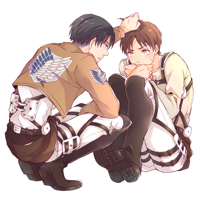 2boys, askr_(mymy), bad_id, bad_pixiv_id, belt, boots, brown_eyes, brown_hair, eren_yeager, jacket, levi_(shingeki_no_kyojin), multiple_boys, shingeki_no_kyojin, simple_background, squatting, tears, thigh_strap, three-dimensional_maneuver_gear, white_background