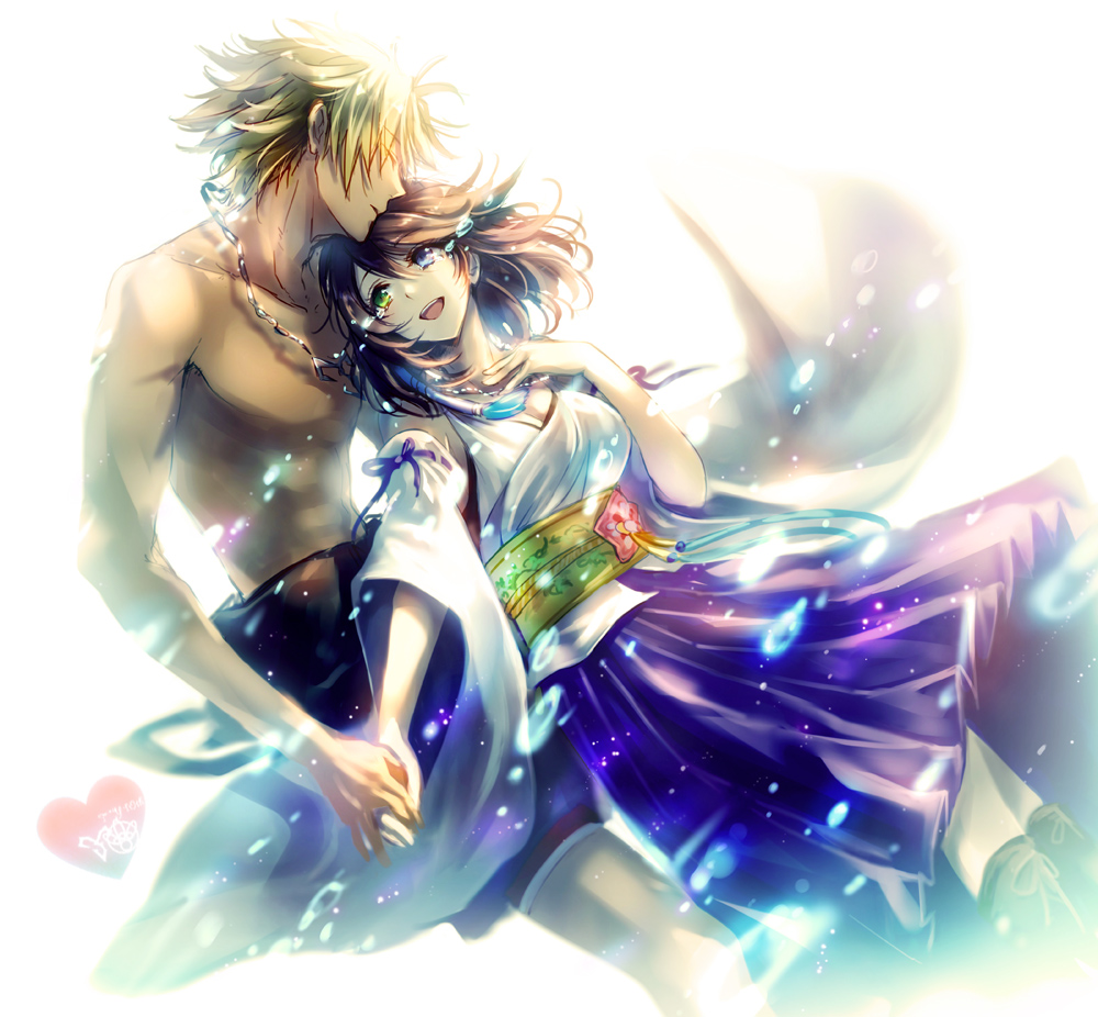 00s, 1boy, 1girl, blonde_hair, blue_eyes, brown_hair, couple, final_fantasy, final_fantasy_x, green_eyes, hakama, hakama_skirt, hetero, heterochromia, japanese_clothes, ria_(rilpoppo), skirt, smile, tears, tidus, yuna, yuna_(ff10)