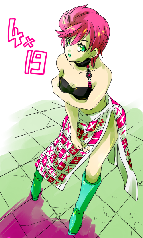 1girl, boots, breasts, cleavage, female_focus, green_eyes, jojo_no_kimyou_na_bouken, komakura, midriff, pink_hair, short_hair, side_slit, small_breasts, solo, trish_una, vento_aureo