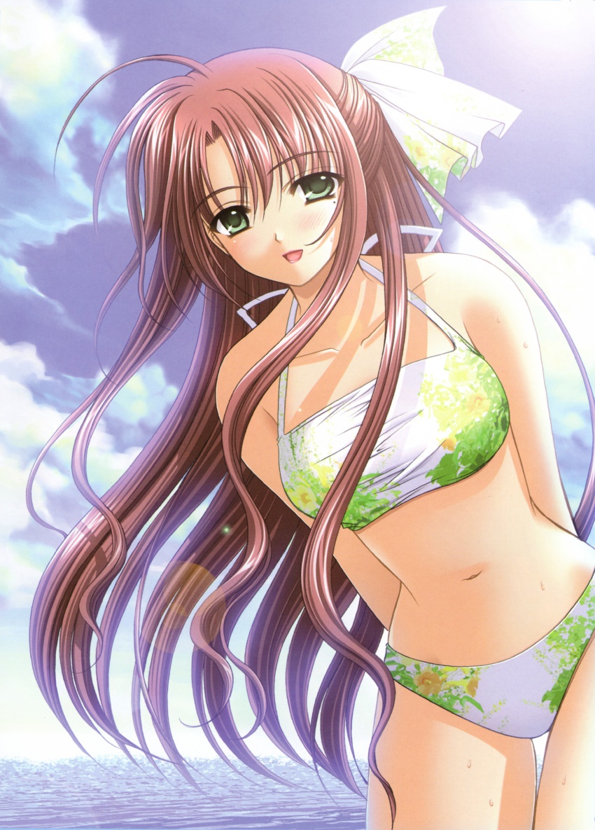 1girl, :d, absurdres, ahoge, bikini, brown_hair, cloud, day