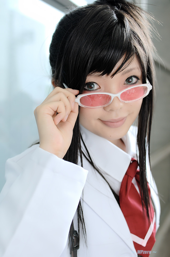 1girl, ace_attorney, apollo_justice_ace_attorney, black_hair, blue_eyes, capcom, color_contacts, cosplay, east_asian, ema_skye, ema_skye_(cosplay), female_focus, lab_coat, long_hair, looking_at_viewer, namada, outdoors, photo_(medium), solo, sunglasses, vest