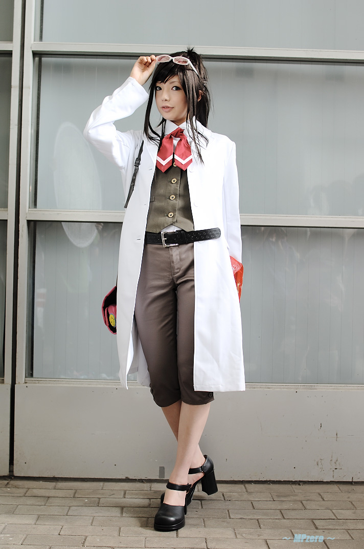 1girl, ace_attorney, apollo_justice_ace_attorney, black_hair, black_shoes, blue_eyes, capcom, color_contacts, cosplay, east_asian, ema_skye, ema_skye_(cosplay), eyewear_on_head, female_focus, full_body, high_heels, lab_coat, long_hair, looking_at_viewer, namada, outdoors, photo_(medium), shoes, solo, standing, sunglasses, vest