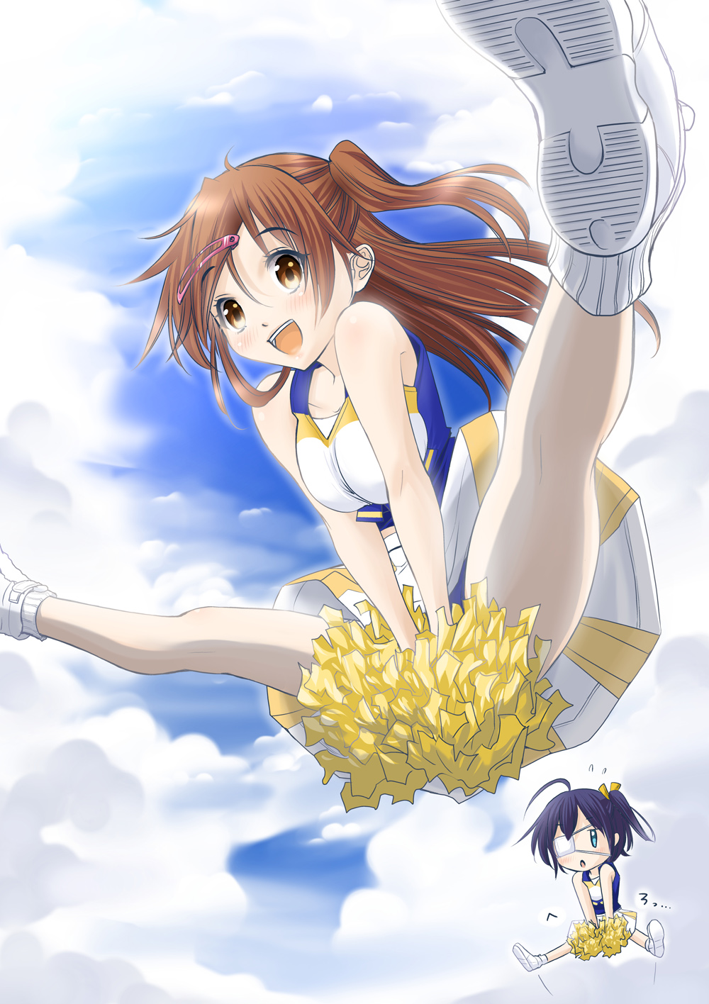 10s, 2girls, blush, brown_eyes, brown_hair, cheerleader, chuunibyou_demo_koi_ga_shitai!, gabetoshi