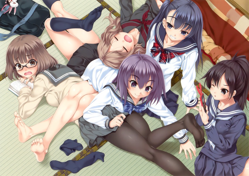 5girls, ;o, absurdres, bag, barefoot, blue_eyes, blue_hair, blush