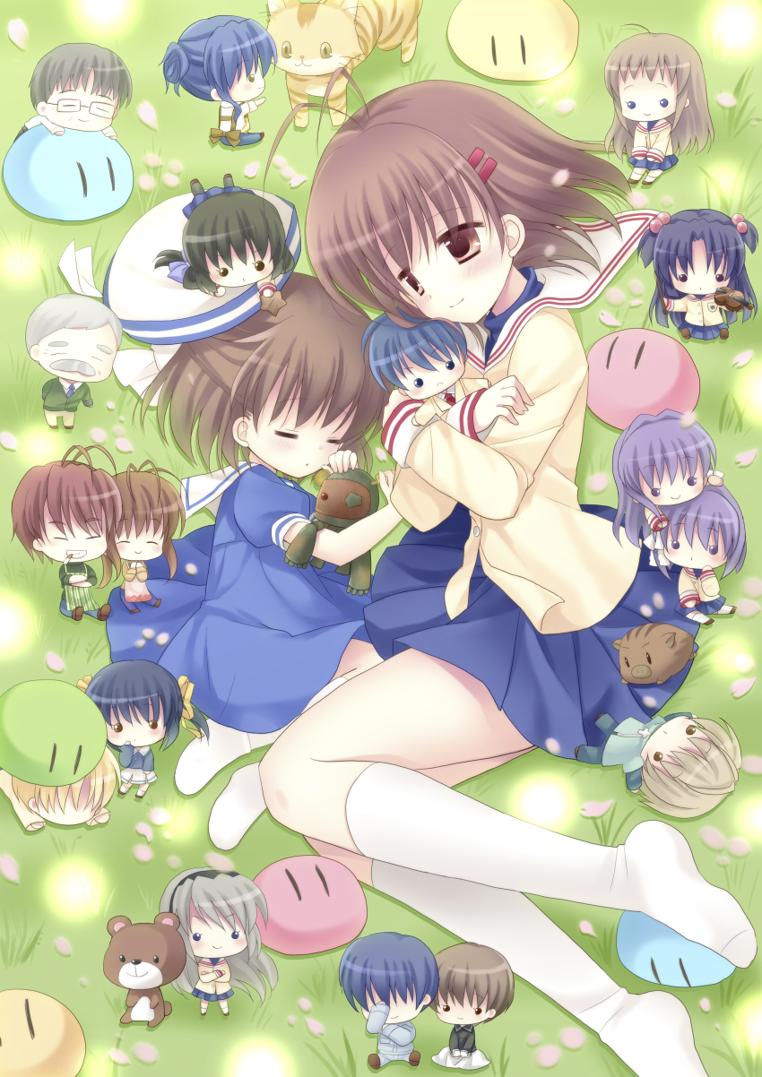 00s, 6+boys, 6+girls, absurdres, bear, botan_(clannad), cat, chibi