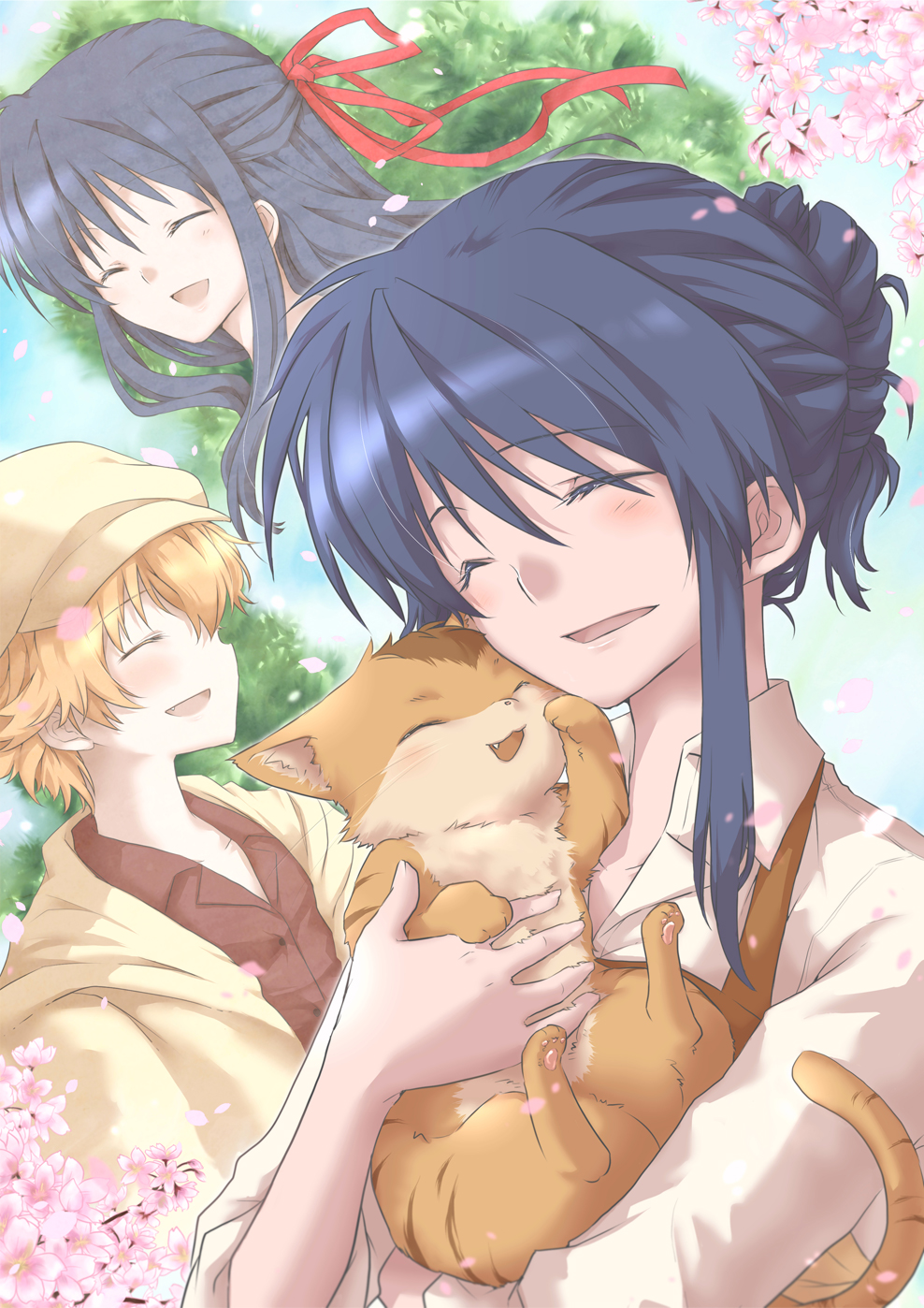 00s, 1boy, 1girl, animal, blonde_hair, blue_hair, newsboy_cap, cat