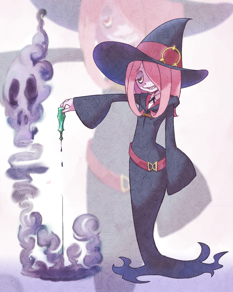 10s, 1girl, female_focus, grin, hair_over_one_eye, hat, little_witch_academia, long_hair, ma2da, pink_hair, poison, red_eyes, skull, smile, smoke, solo, sucy_manbavaran, tagme, teeth, witch, witch_hat