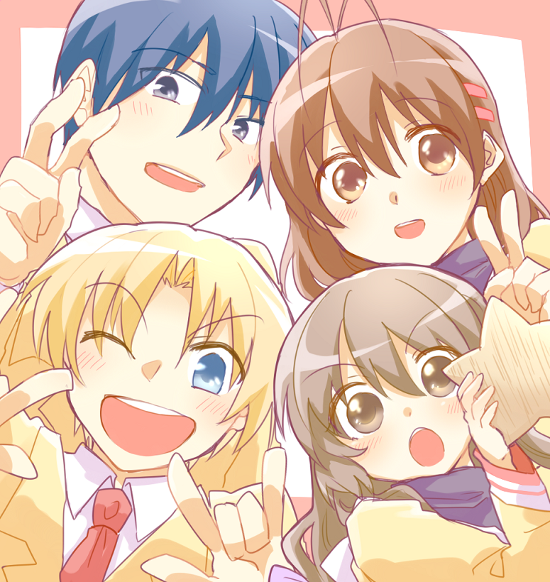 00s, 2boys, 2girls, \m/, blonde_hair, blue_eyes, blue_hair, brown_eyes