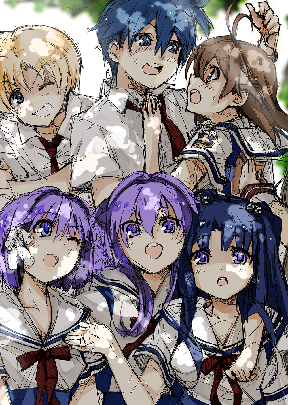 00s, 2boys, 4girls, clannad, fujibayashi_kyou, fujibayashi_ryou, furukawa_nagisa, highres