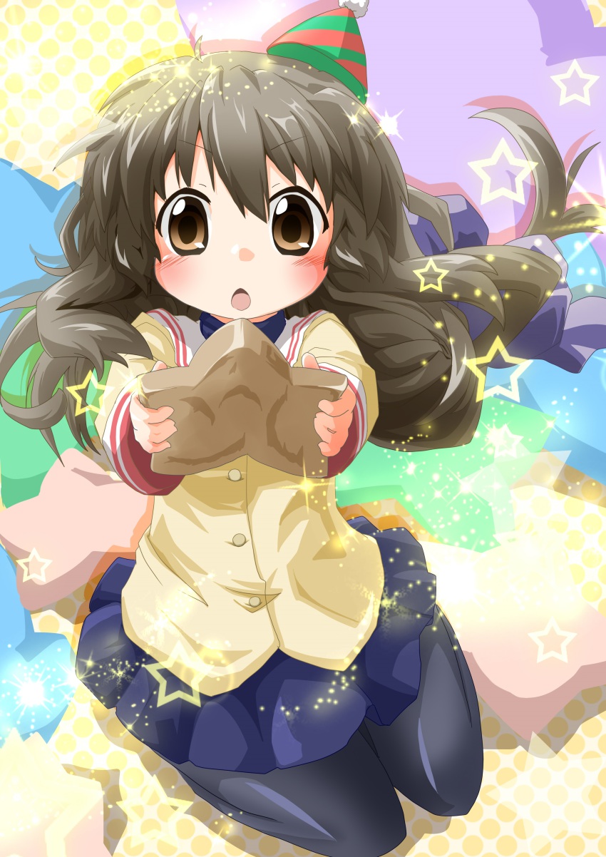 00s, 1girl, absurdres, brown_eyes, brown_hair, clannad, hat, highres