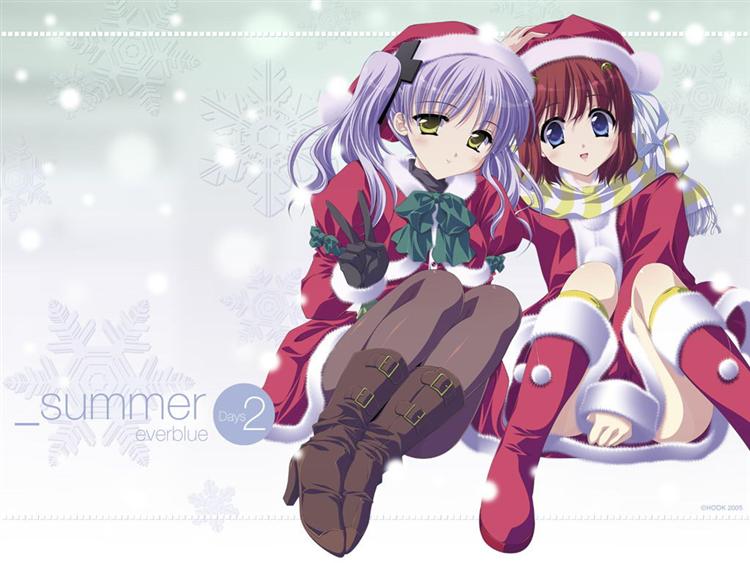 00s, 2005, 2girls, artist_request, blue_eyes, blue_hair, blush, boots, bow, brown_hair, character_request, christmas, copyright_name, dated, female_focus, fur-trimmed_boots, fur_trim, gloves, hair_bow, hair_cross, hair_ornament, hair_ribbon, hat, high_heel_boots, high_heels, knee_boots, long_sleeves, looking_at_viewer, multiple_girls, open_mouth, pantyhose, pom_pom_(clothes), ribbon, santa_costume, santa_hat, scarf, sitting, sleeves_past_wrists, snow, snowfall, snowflakes, underbar_summer, v, yellow_eyes