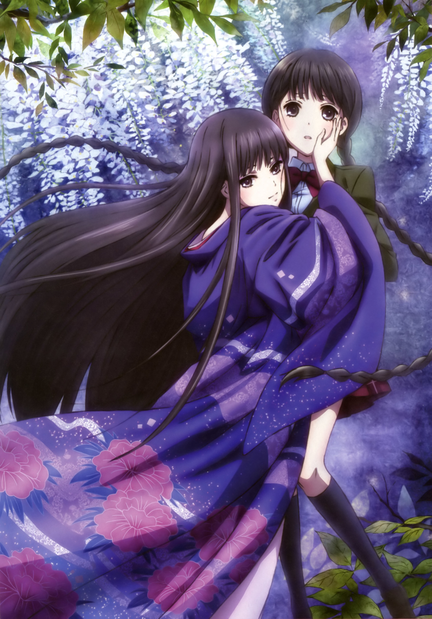 2girls, absurdres, black_eyes, black_hair, blush, braid, highres, himegami_(rdg), japanese_clothes, legs, long_hair, looking_back, multiple_girls, non-web_source, official_art, rdg_red_data_girl, school_uniform, socks, suzuhara_izumiko, twin_braids, twintails, very_long_hair