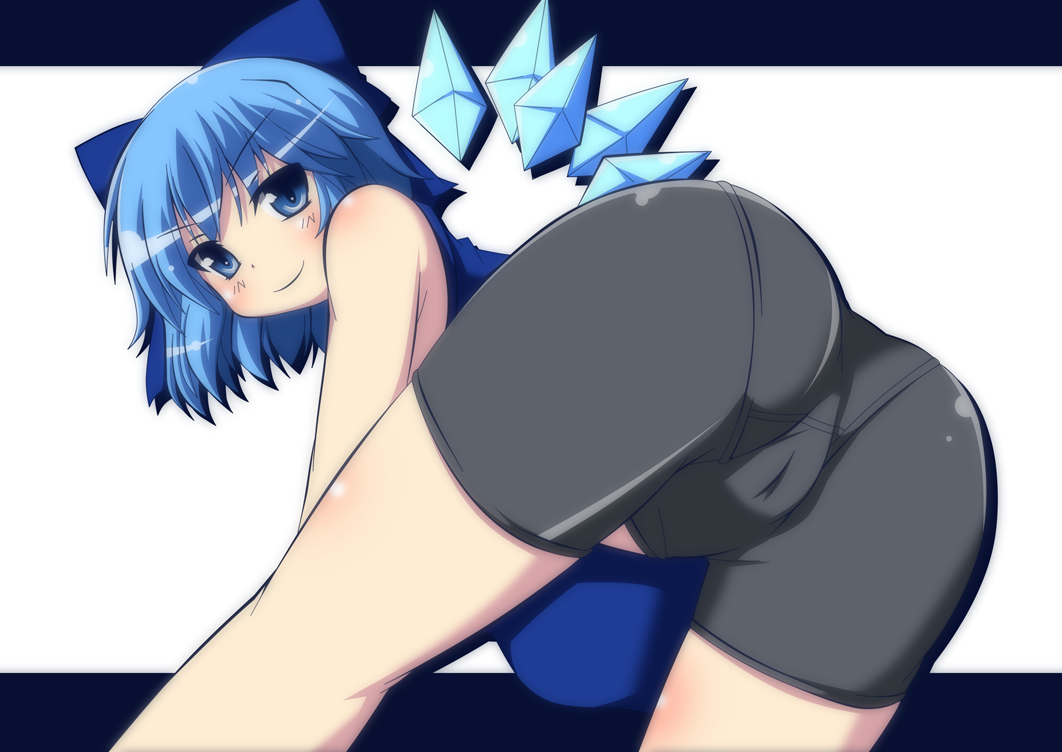1girl, ass, bike_shorts, blue_eyes, blue_hair, blush, bow, cameltoe, cirno, dress, female_focus, from_behind, hair_bow, ice, ice_wings, looking_at_viewer, looking_back, masiromu, matching_hair/eyes, naughty_face, pants, pantylines, ribbon, short_hair, simple_background, smile, smirk, solo, tight_clothes, tight_pants, touhou, white_background, wings