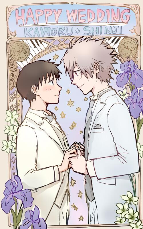 2boys, art_nouveau, bad_id, bad_twitter_id, couple, english_text, eye_contact, flower