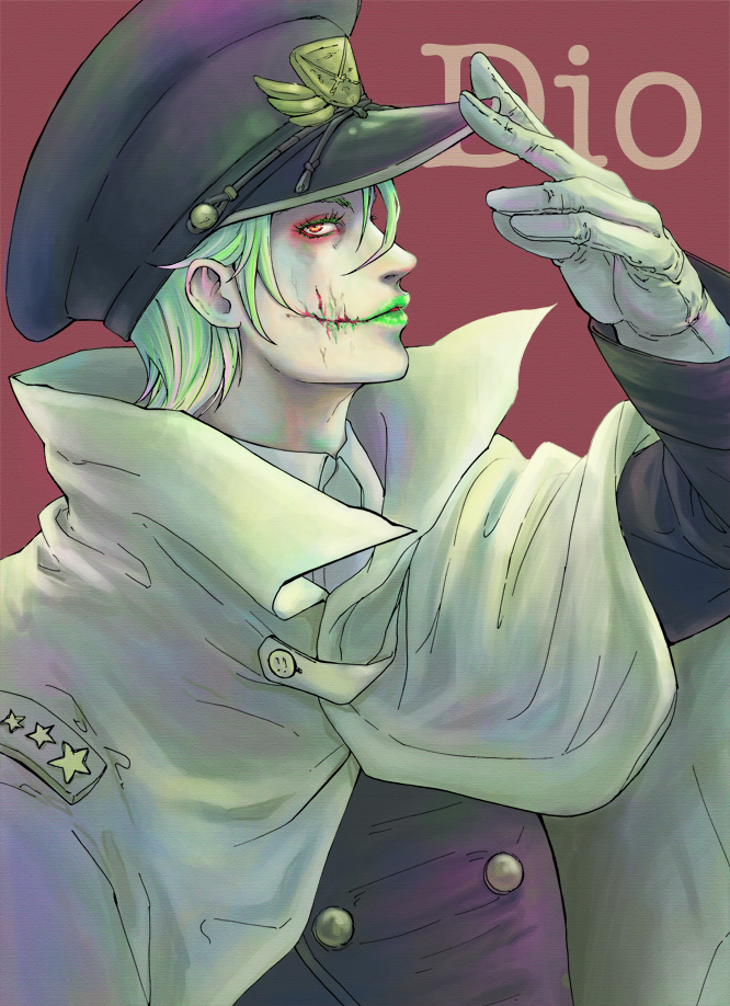 1boy, cape, diego_brando, glasgow_smile, gloves, green_hair, green_lips, hat, jojo_no_kimyou_na_bouken, lipstick, makeup, male_focus, military, military_hat, military_uniform, mushroom13, official_alternate_costume, solo, steel_ball_run