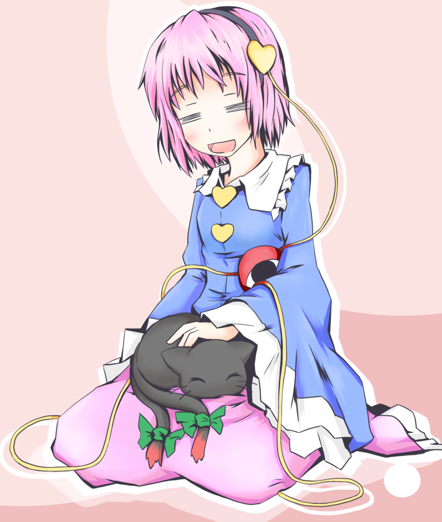 1girl, :d, =_=, animal, animal_on_lap, blush, bow, cat