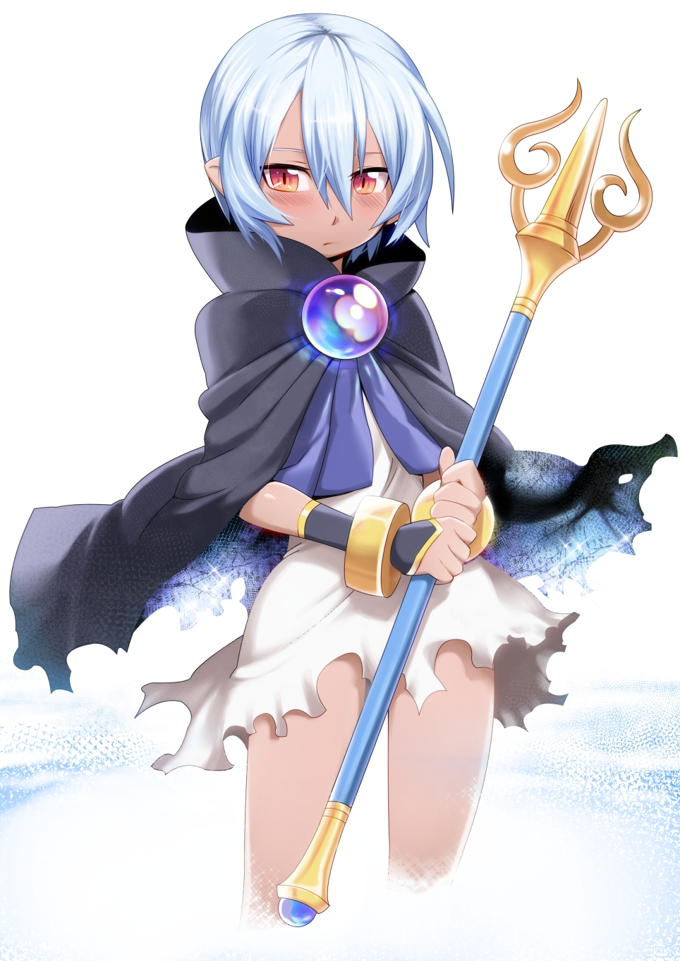 1girl, blue_hair, blush, cape, cropped_legs, dark-skinned_female, dark_skin, dress