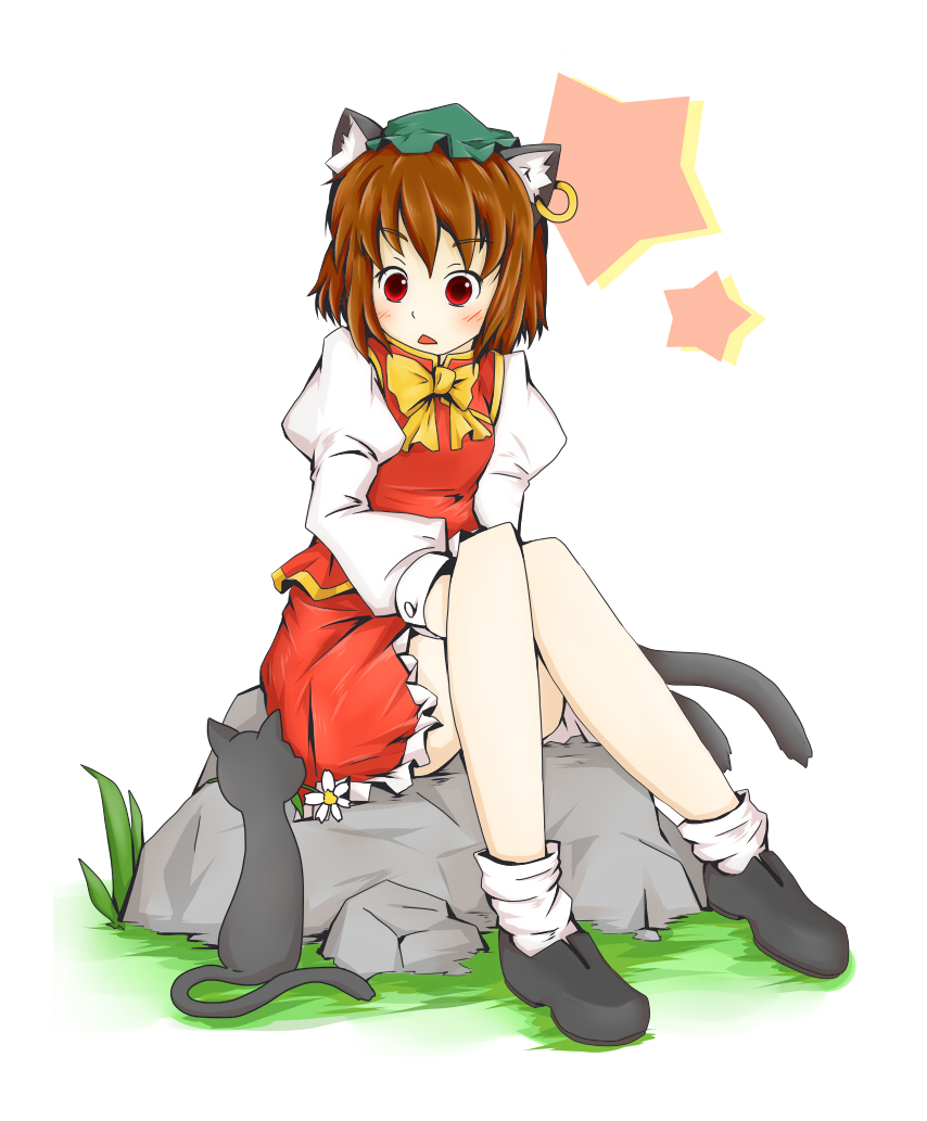1girl, animal_ears, bow, brown_hair, cat, cat_ears, cat_tail, chen