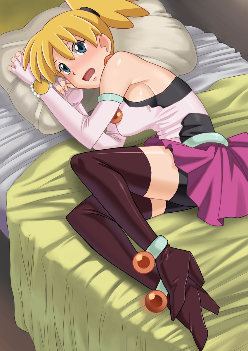 00s, 1girl, 4st_injection, bed, blonde_hair, blush, corona_(knm), highres