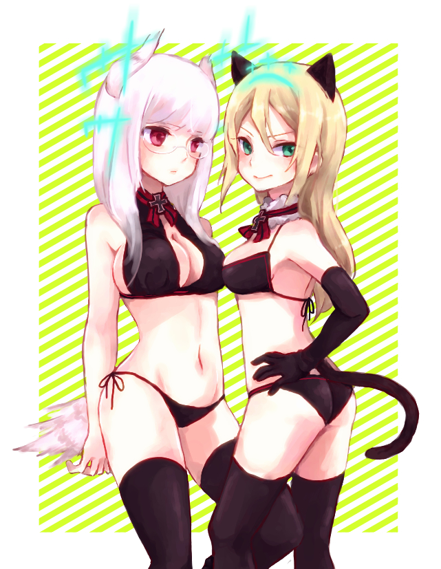 2girls, animal_ears, ass, bad_id, bad_pixiv_id, bikini, black_bikini, blonde_hair, blush, breasts, cat_ears, cat_tail, cleavage, cross, elbow_gloves, glasses, gloves, green_eyes, head_wings, heidimarie_w._schnaufer, heinrike_prinzessin_zu_sayn-wittgenstein, hirschgeweih_antennas, hloox, iron_cross, leg_between_thighs, multiple_girls, noble_witches, panties, red_eyes, side-tie_bikini_bottom, side-tie_panties, strike_witches, swimsuit, tail, thighhighs, underwear, white_hair, wings, world_witches_series