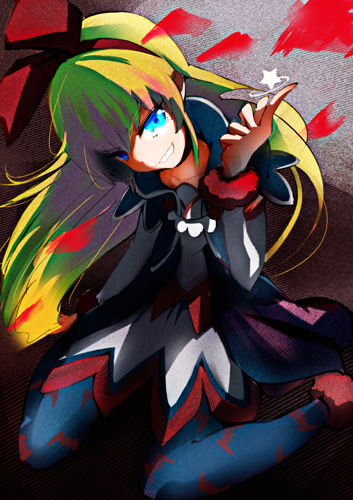 1girl, animal_print, bad_id, bad_pixiv_id, bat_print, blonde_hair, blue_eyes, bow, collarbone, cropped_jacket, dokidoki!_precure, female_focus, grin, hair_bow, long_hair, pantyhose, patterned_legwear, peach765, precure, print_pantyhose, regina_(precure), sitting, smile, solo, wariza