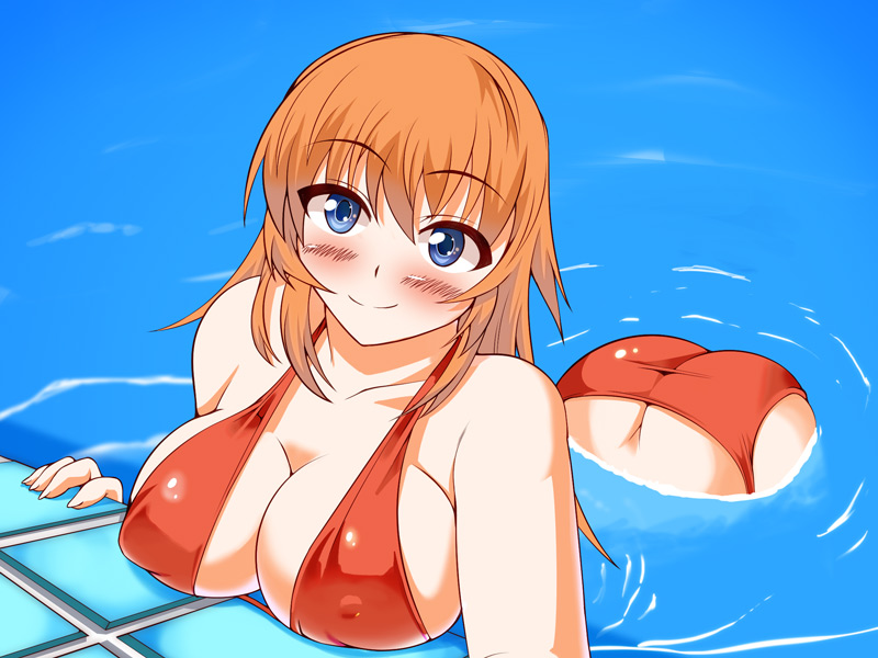 1girl, bikini, blue_eyes, breasts, butt_crack, charlotte_e._yeager, cleavage, covered_erect_nipples, female_focus, kouyama_ritsu, large_breasts, long_hair, looking_at_viewer, orange_hair, pool, sideboob, smile, solo, strike_witches, swimsuit, world_witches_series