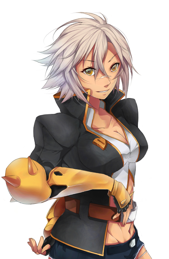 1girl, arc_system_works, bad_id, bad_pixiv_id, belt, blazblue, blazblue:_chronophantasma, breasts, bullet_(blazblue), cleavage, crop_top, cutoffs, dark-skinned_female, dark_skin, denim, denim_shorts, female_focus, fingerless_gloves, gauntlets, gloves, haruno14, jacket, large_breasts, navel, scar, short_hair, short_shorts, shorts, silver_hair, smile, solo, yellow_eyes