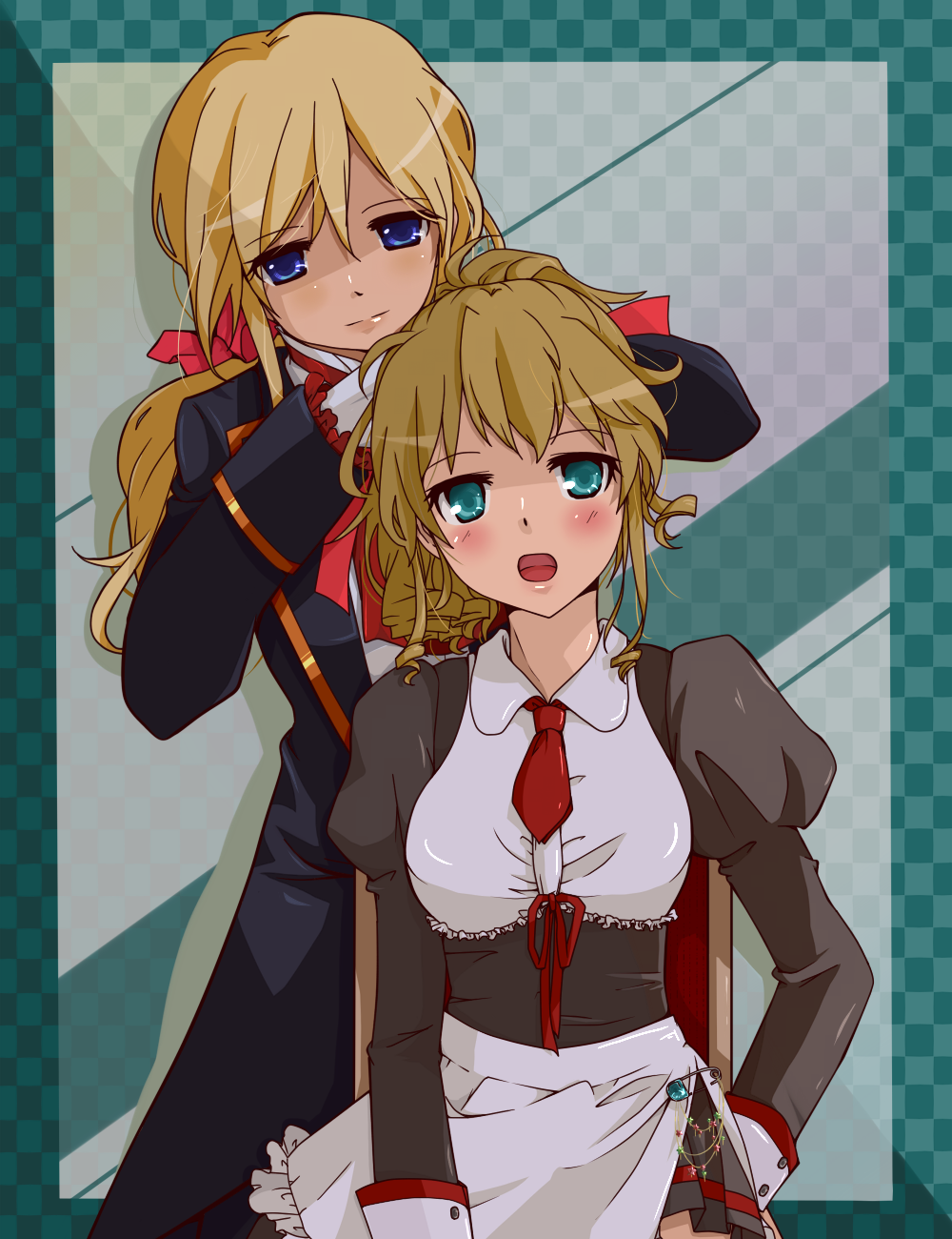 07th_expansion, 1girl, alternate_costume, androgynous, ascot, blonde_hair, blue_eyes, butler, coat, cosplay, enmaided, hair_ribbon, hairdressing, highres, juliet_sleeves, kira_kira_hoshino, long_hair, long_sleeves, maid, no_naku_koro_ni_(series), open_mouth, ponytail, puffy_sleeves, ribbon, ronove_(cosplay), ronove_(umineko), safety_pin, shannon_(cosplay), shannon_(umineko), siblings, smile, umineko_no_naku_koro_ni, ushiromiya_jessica, ushiromiya_lion