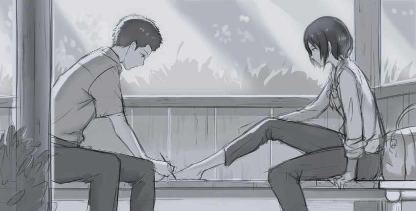 10s, 1boy, 1girl, absurdres, akizuki_takao, arm_support, bag, barefoot