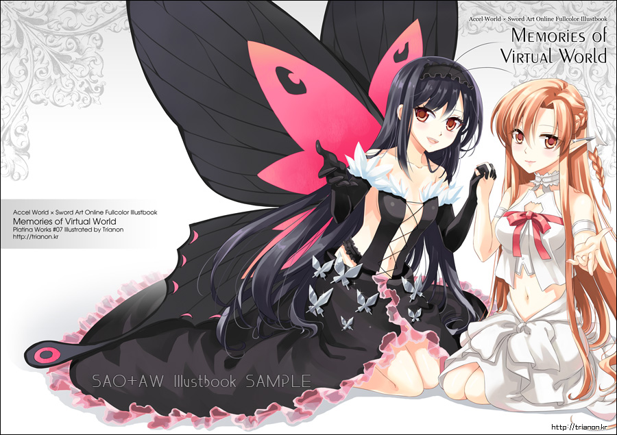 10s, 2girls, accel_world, asuna_(sao), bad_id, bad_pixiv_id, black_hair, brown_eyes, brown_hair, butterfly_wings, creator_connection, crossover, ear_covers, elbow_gloves, elf, gloves, insect_wings, kuroyukihime, long_hair, multiple_girls, navel, pointy_ears, red_eyes, sword_art_online, titania_(sao), trianon, wings
