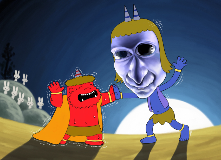 2boys, aka_oni_to_ao_oni_no_tango, ao_oni, blue_oni, blue_skin, brown_hair, rabbit, colored_skin