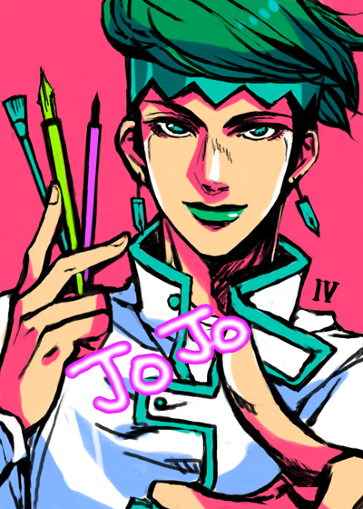 1boy, earrings, green_eyes, green_hair, green_lips, headband, hidaka_(azurite), jewelry