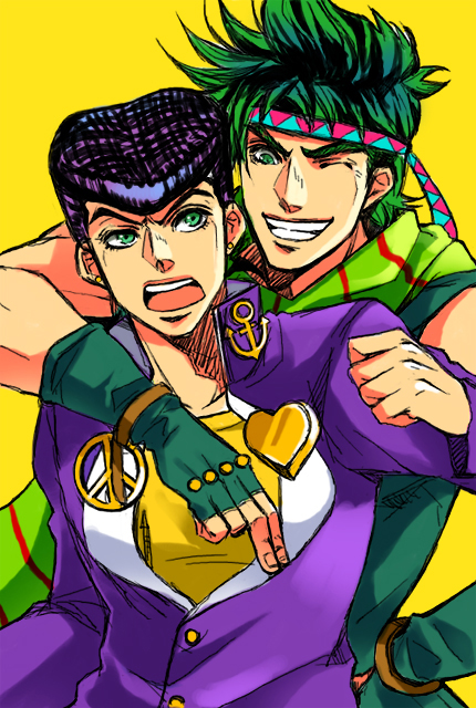 2boys, father_and_child, father_and_son, fingerless_gloves, gloves, green_eyes, green_hair, headband