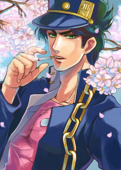 1boy, black_hair, cherry_blossoms, cigarette, gakuran, green_eyes, hat, hidaka_(azurite)