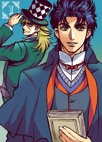 2boys, blonde_hair, blue_hair, book, capelet, green_eyes, hat, hidaka_(azurite)