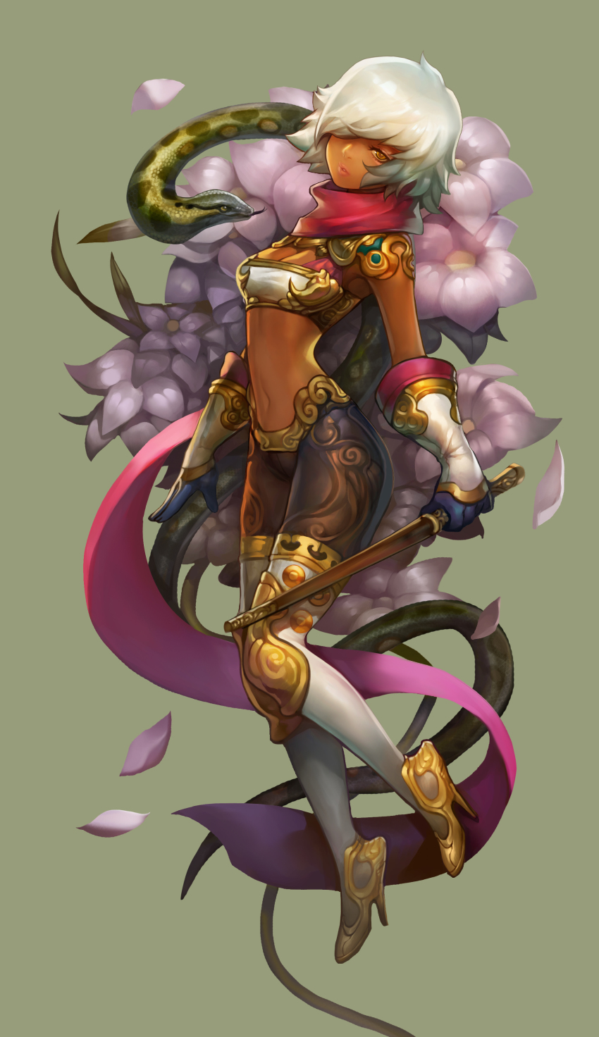 1girl, absurdres, bad_id, bad_pixiv_id, dagger, dark_skin, flower, gd_choco