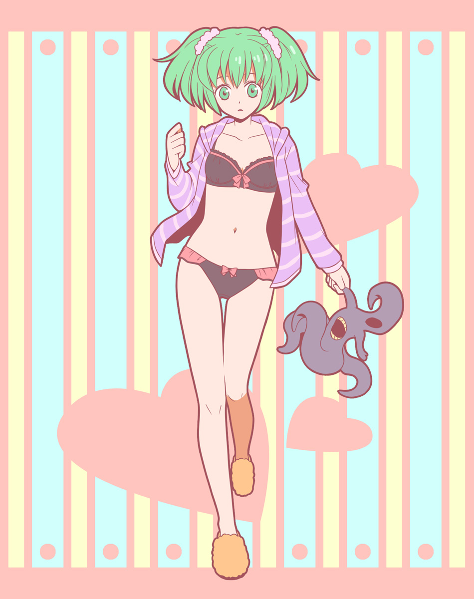 1girl, black_bra, black_panties, bow, bow_bra, bow_panties, bra, female_focus, green_eyes, green_hair, highres, hood, hoodie, kisume, long_hair, machigai_darake_no_cthulhu_shinwa_trpg, matching_hair/eyes, no_pants, nyarlathotep, open_clothes, open_shirt, panties, shirt, short_hair, slippers, snowchild, solo, stuffed_toy, touhou, twintails, underwear, underwear_only