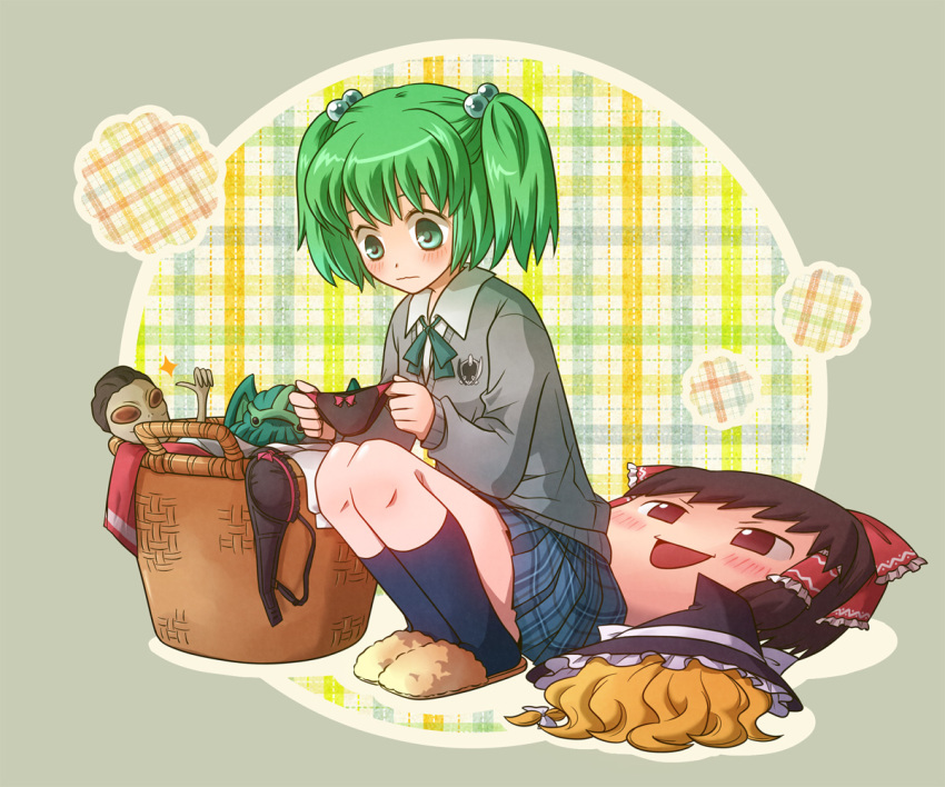 1girl, alternate_costume, black_bra, black_panties, blush, bow, bow_bra, bow_panties, bra, female_focus, green_eyes, green_hair, hair_bobbles, hair_ornament, hakurei_reimu, kirisame_marisa, kisume, long_hair, machigai_darake_no_cthulhu_shinwa_trpg, matching_hair/eyes, panties, pantyshot, school_uniform, skirt, slippers, snowchild, solo, squatting, stuffed_toy, touhou, twintails, underwear, upskirt, yukkuri_shiteitte_ne