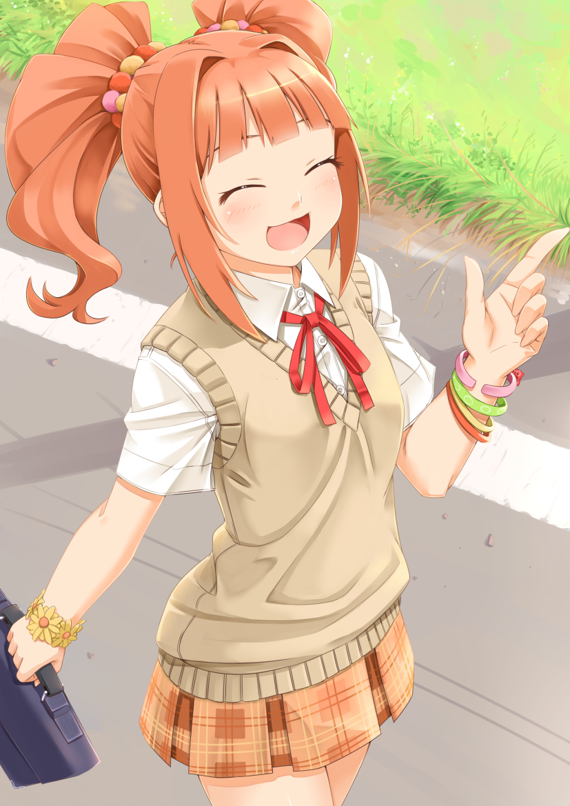 1girl, :d, ^_^, bag, blush, bracelet, briefcase, closed_eyes