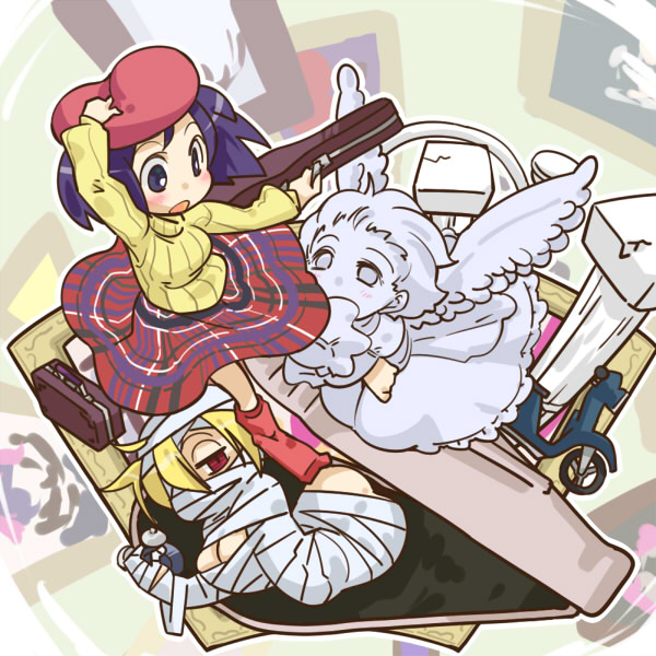 2girls, alarm_clock, angel, angel_wings, beret, blonde_hair, blue_eyes, blush_stickers, breasts, cello_case, character_request, chibi, cleavage, clock, hat, metropolitan_museum_(song), minna_no_uta_(nhk), motor_vehicle, multiple_girls, mummy, museum, plaid_clothes, plaid_skirt, purple_hair, red_eyes, ribbed_sweater, sarcophagus, scooter, seki_(red_shine), short_hair, skirt, statue, sweater, turtleneck, vehicle, vespa, wings