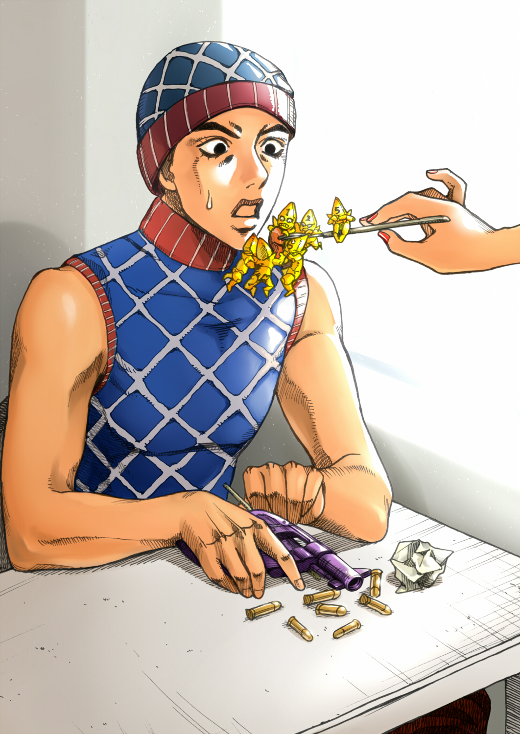 1boy, adapted_costume, argyle_clothes, argyle_sweater, beanie, bullet, guido_mista, gun, hat, highres, jojo_no_kimyou_na_bouken, kuryo_the_4191, male_focus, sex_pistols_(stand), sleeveless, sleeveless_turtleneck, solo, stand_(jojo), sweater, turtleneck, weapon