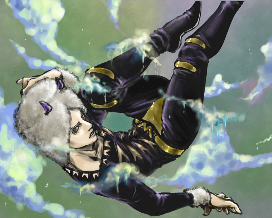 1boy, amanna, fur_hat, hat, horns, jojo_no_kimyou_na_bouken, male_focus, solo