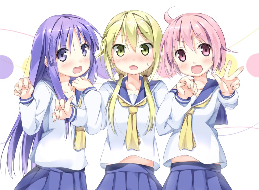 >:d, 3girls, :d, arm_grab, blonde_hair, blush, female_focus, girl_sandwich