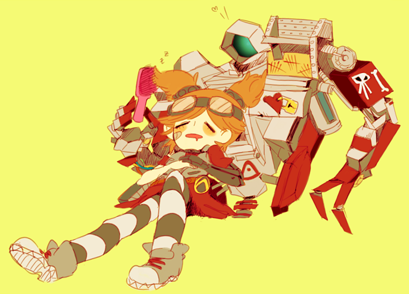 1girl, bad_id, bad_pixiv_id, bandaid, bandaid_on_face, borderlands_(series), borderlands_2, deathtrap, gaige, goggles, mecha, motune_(ukraine), orange_hair, prosthesis, robot, shoes, sleeping, sneakers, twintails